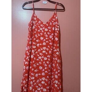 Forever 21 Womens Dress M Medium Red V Neck Sleeveless Flowers Lightweight